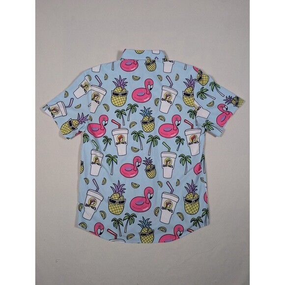 Bucees Shirt Mens M Blue Button Up Hawaiian Tiki AOP Pineapple Flamingo Shirt - Picture 2 of 6